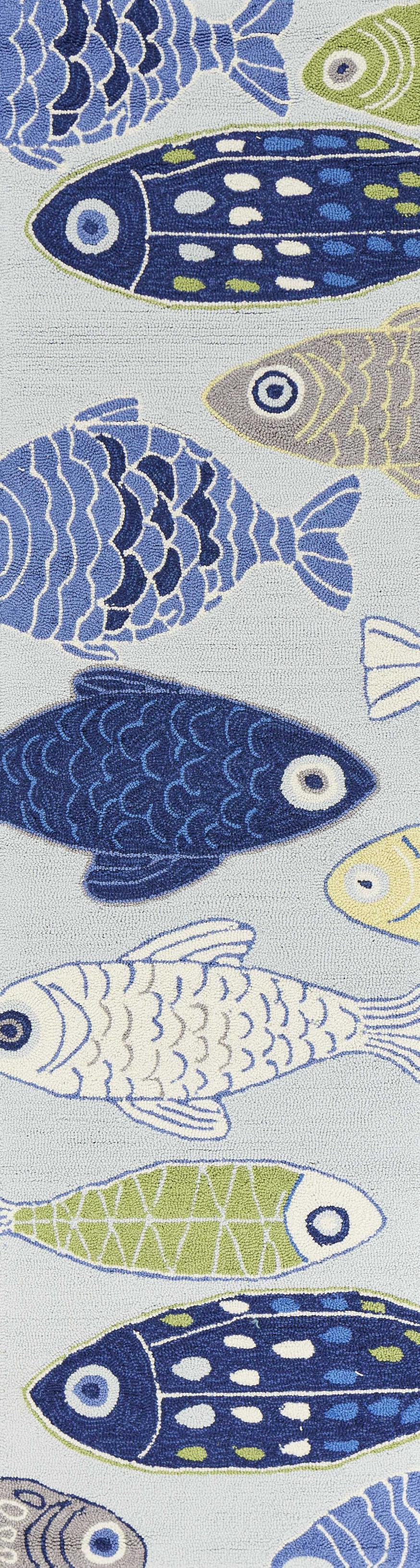 8' Light Blue Hand Hooked Oversized Sea Of Fish Indoor Runner Rug - 99fab 