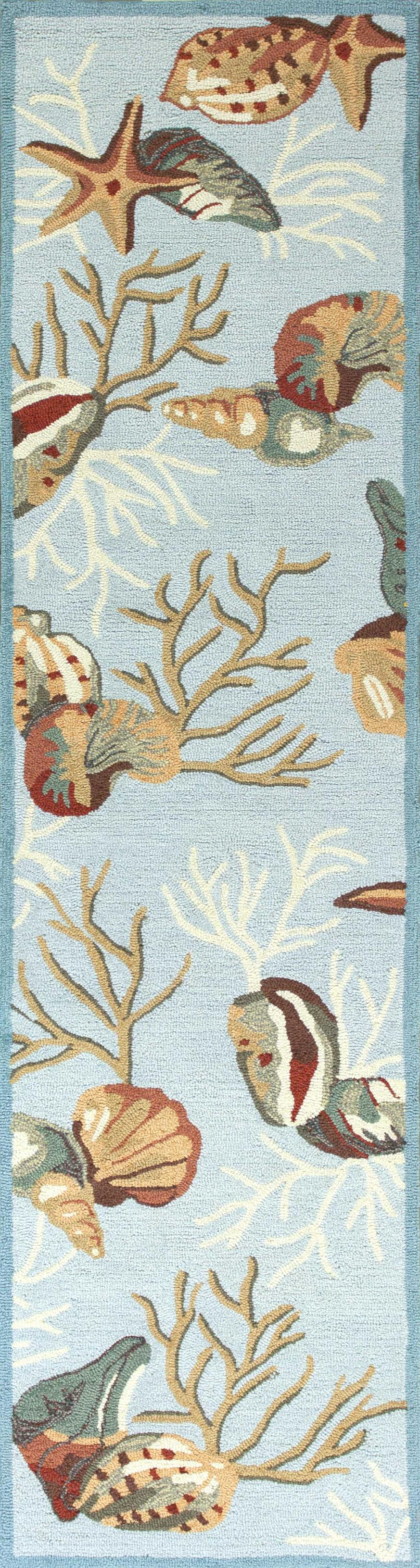 8' Blue Hand Hooked Sea Shells Indoor Runner Rug - 99fab 