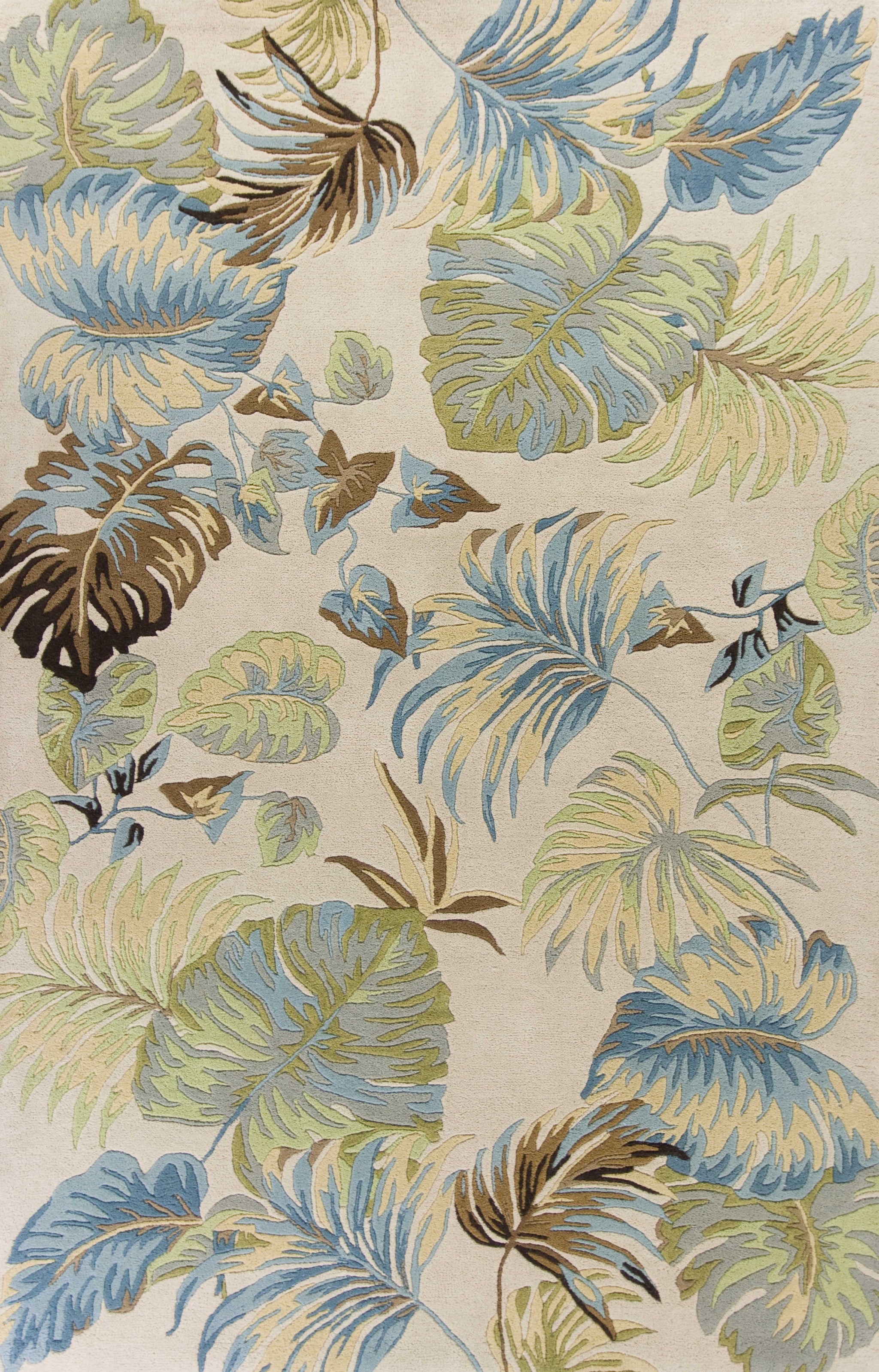 3'X4' Ivory Blue Hand Tufted Tropical Leaves Indoor Area Rug