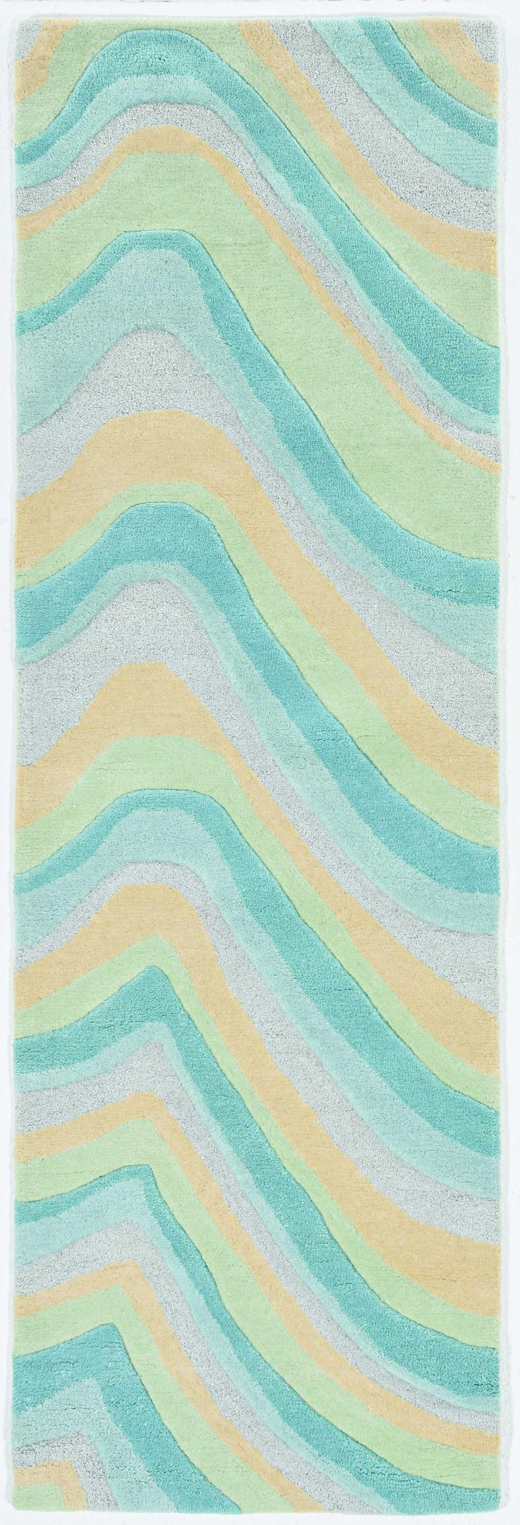 8' Ocean Blue Beige Hand Tufted Abstract Waves Indoor Runner Rug - 99fab 