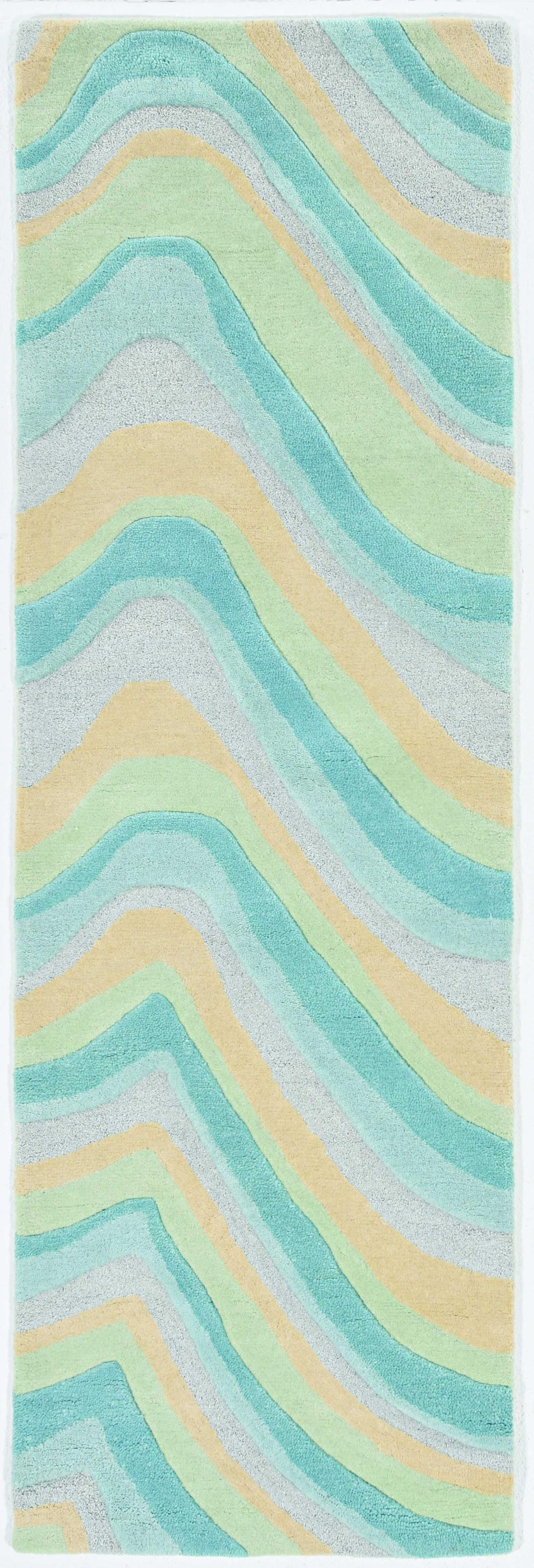 8' Ocean Blue Beige Hand Tufted Abstract Waves Indoor Runner Rug