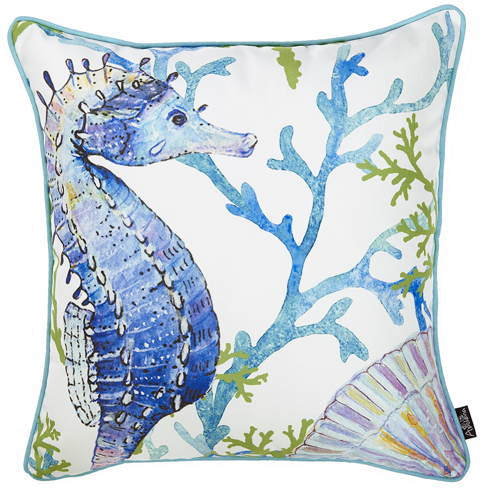 Square White Blue And Green Seahorse Decorative Throw Pillow Cover - 99fab 