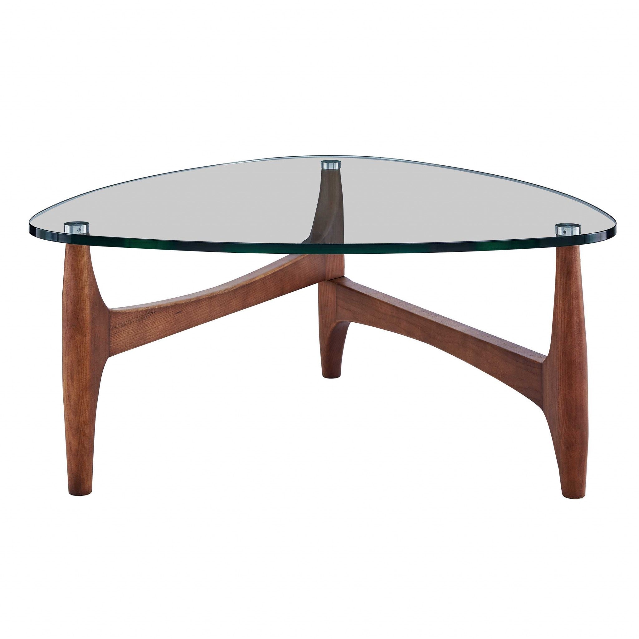 35" Walnut And Clear Glass Triangle Coffee Table