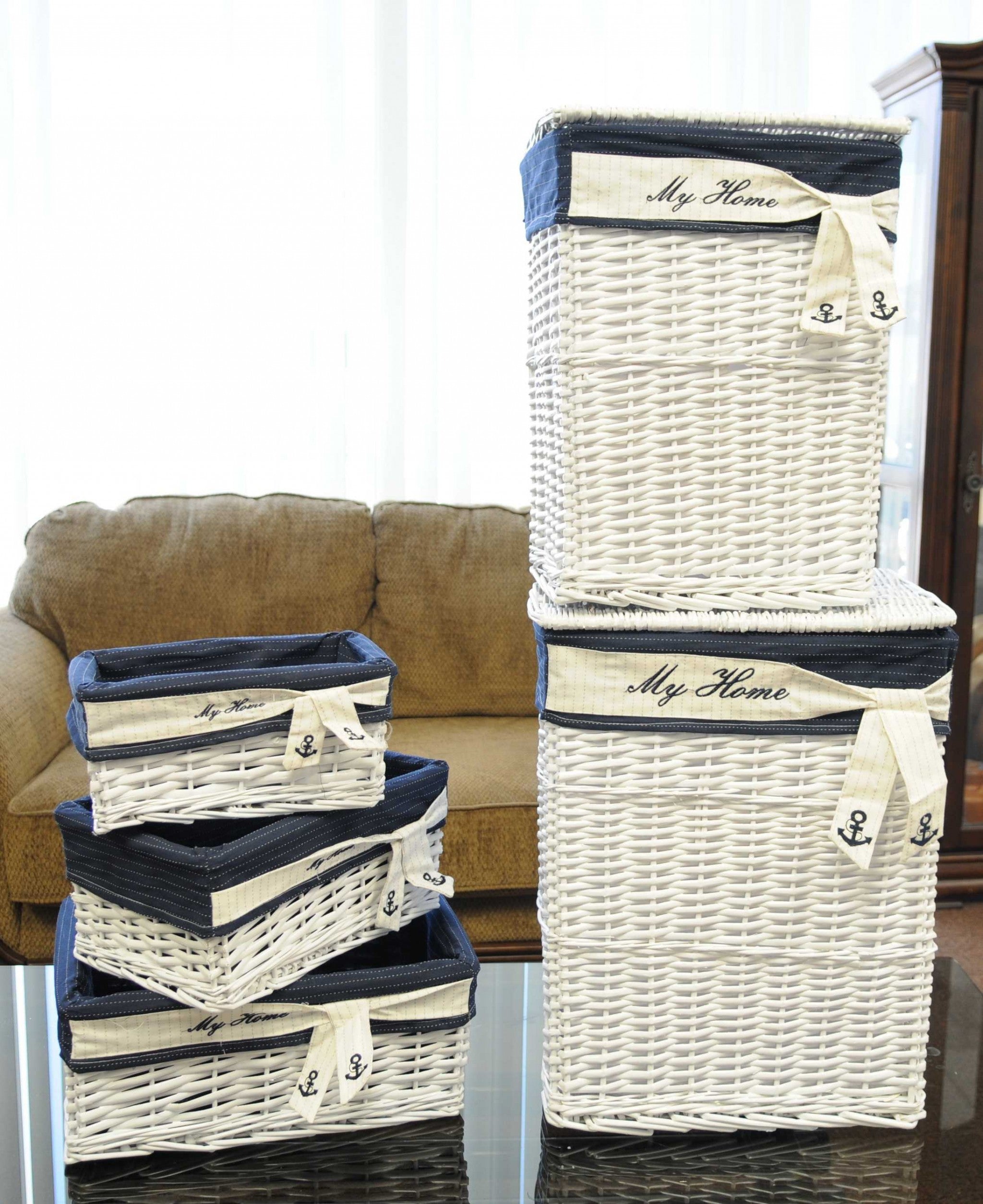 14" X 17.5" X 19.5" White blue rectangular willow Basket Set Of 5