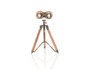 8" X 8" X 11" Wood Brass Binocular On Stand