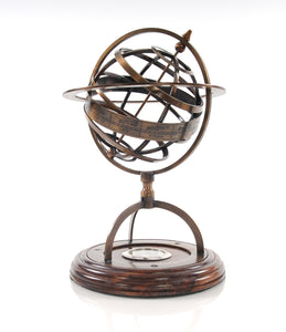 7" X 7" X 11" Brass Armillary With Compass On Wood Base