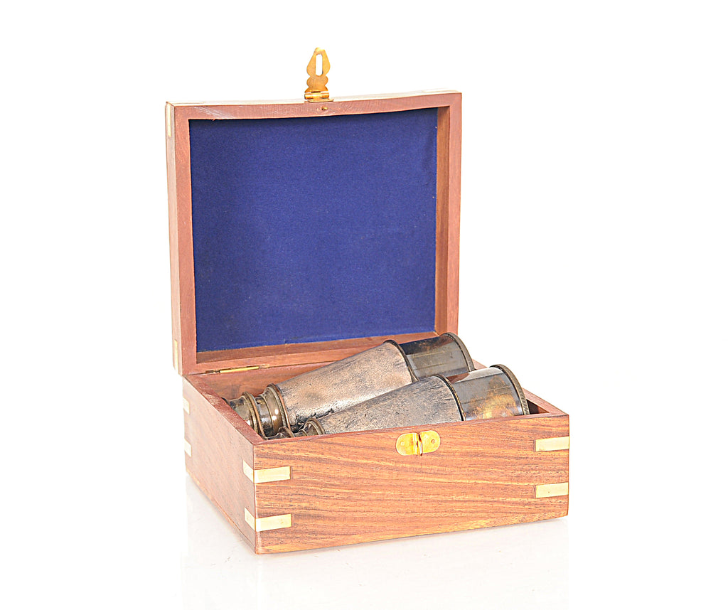 Rustic Brass and Leather Binoculars in Wood Storage Box - 99fab 