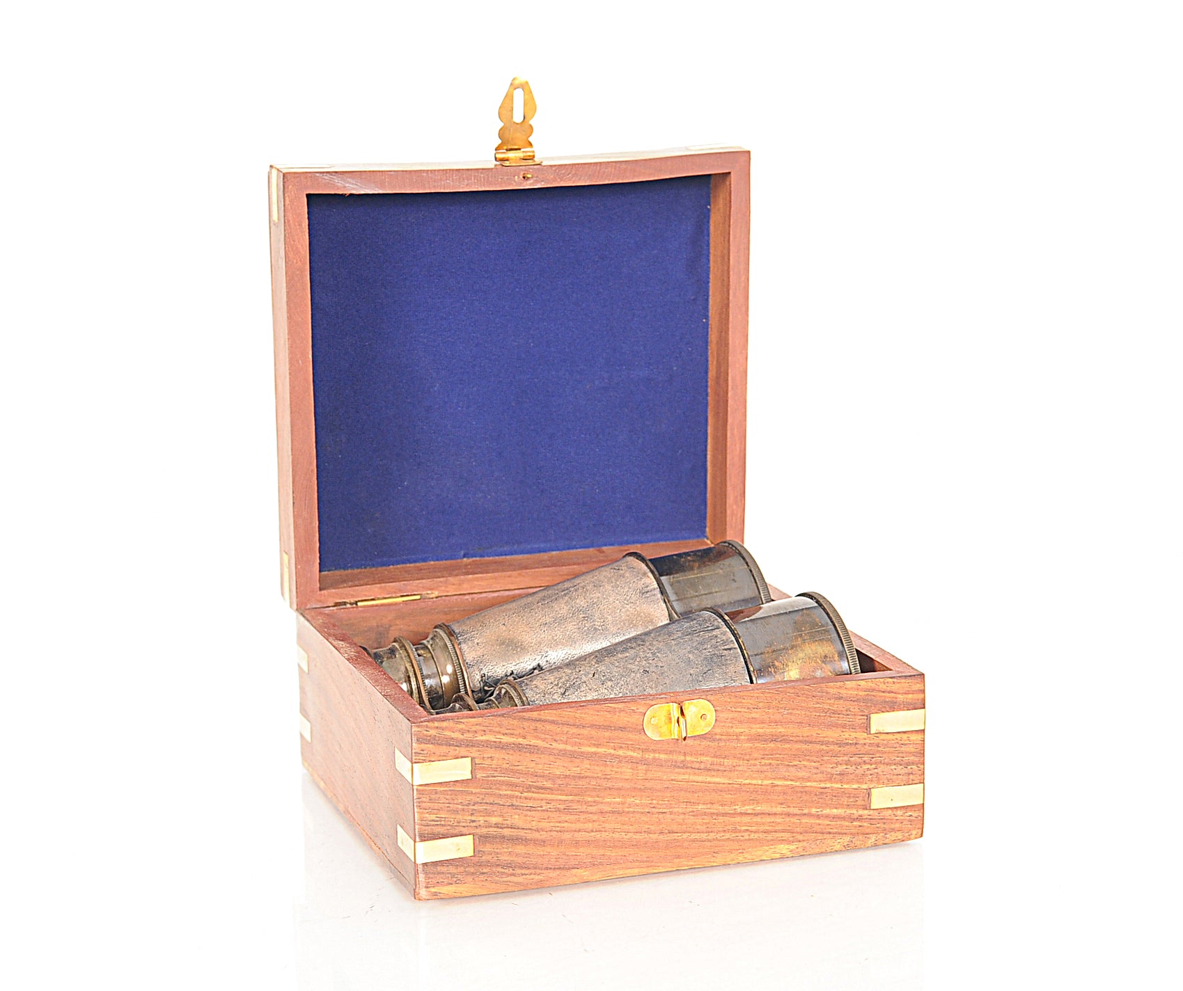 Rustic Brass and Leather Binoculars in Wood Storage Box