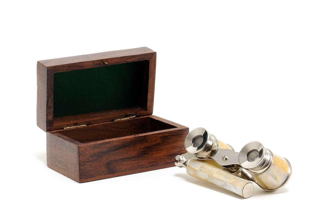 Elegant Mother Of Pearl Opera Glasses In Wood Storage Box - 99fab 