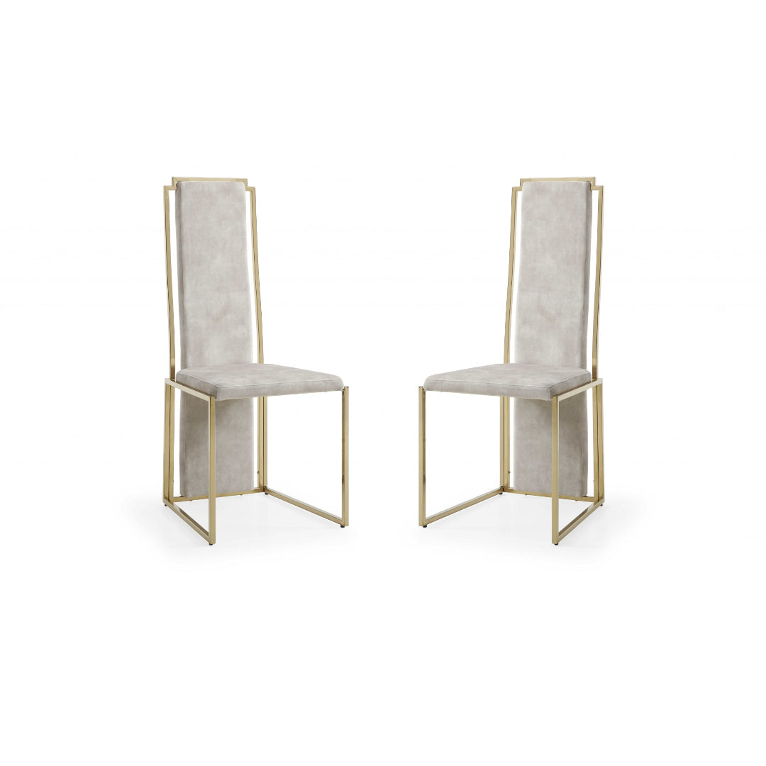 Set Of 2 Ultra Modern Beige Suede And Gold Dining Chairs