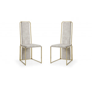 Set Of 2 Ultra Modern Beige Suede And Gold Dining Chairs