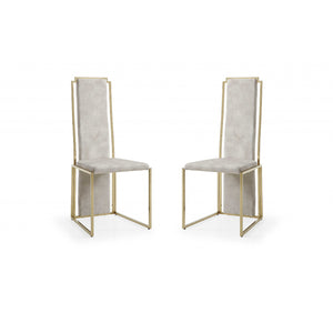 Set Of 2 Ultra Modern Beige Suede And Gold Dining Chairs