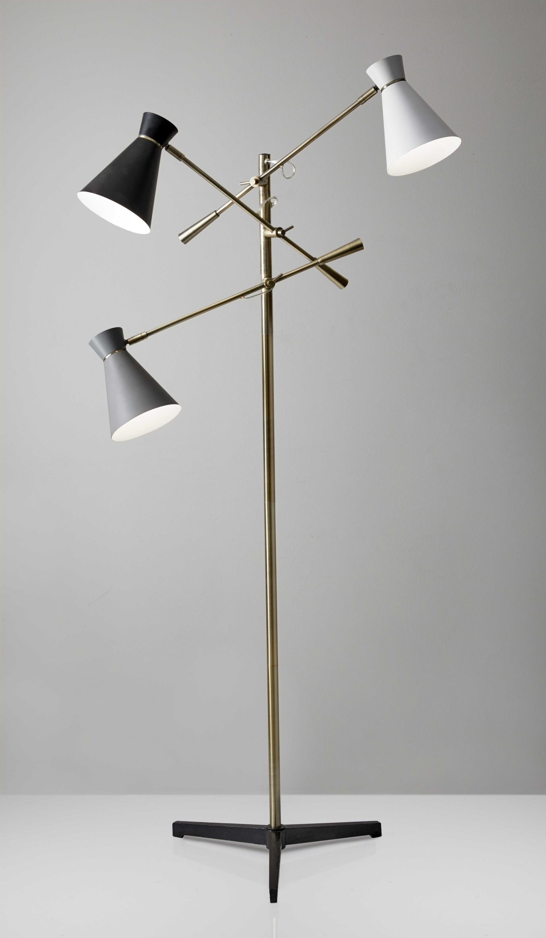 Three Arm Adjustable Floor Lamp In Brass Metal With Grey Black And White Shades