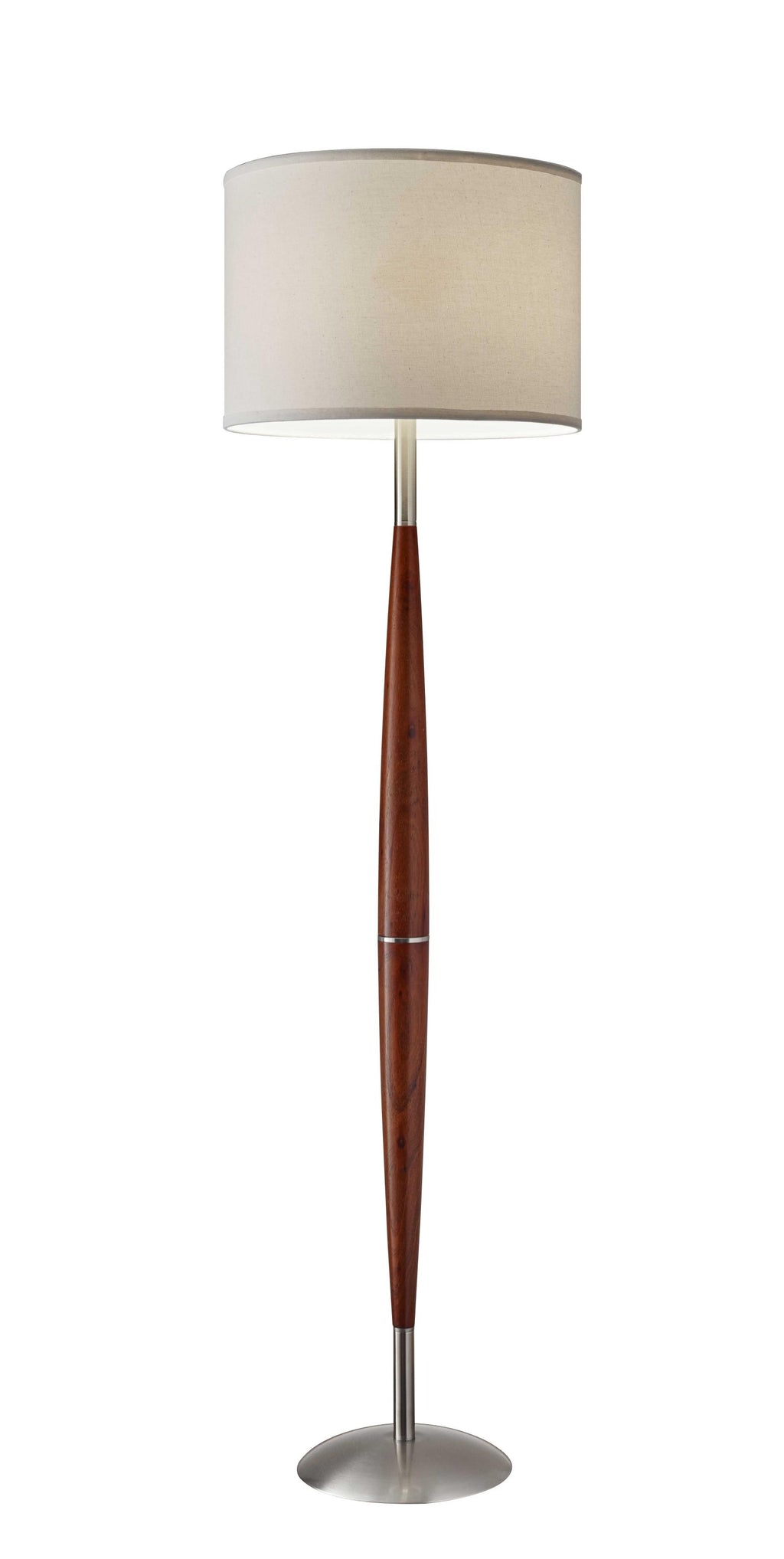 Elliptical Shape Walnut Wood Finish Floor Lamp with Satin Steel Accents and White Fabric Drum Shade - 99fab 