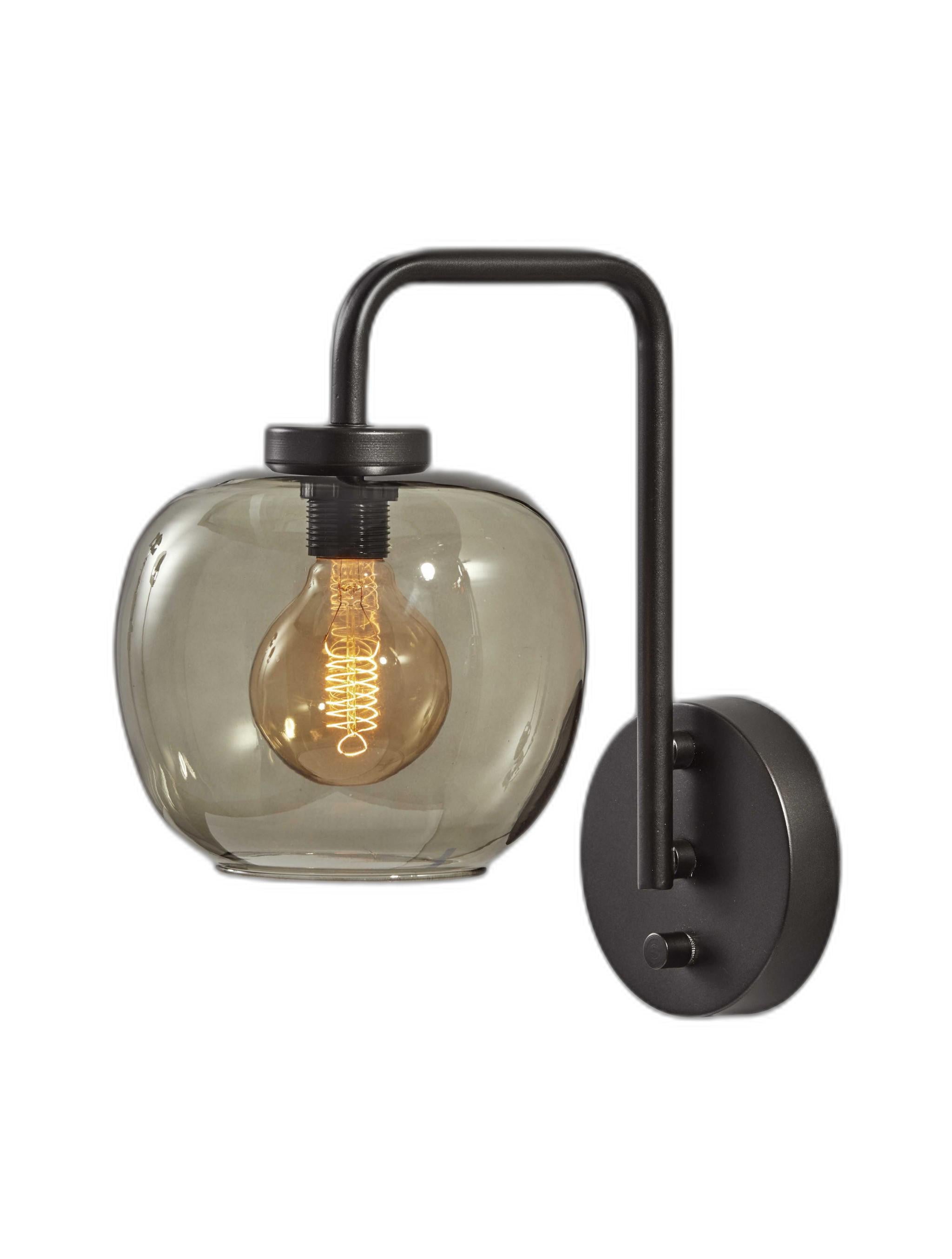 Smoked Glass Globe Shade With Vintage Edison Bulb And Matte Black Metal Wall Lamp