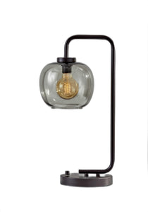 Smoked Glass Globe Shade With Vintage Edison Bulb And Matte Black Metal Arc Table Lamp