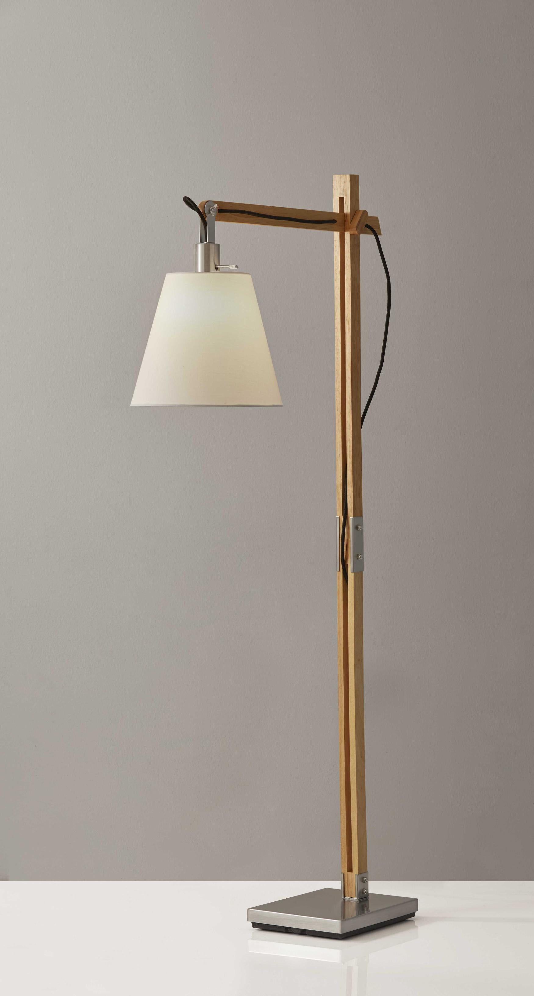 Natural Wood Floor Lamp With Adjustable Hinged Arm