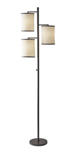 74" Black Three Light Tree Floor Lamp With Off White Solid Color Drum Shade