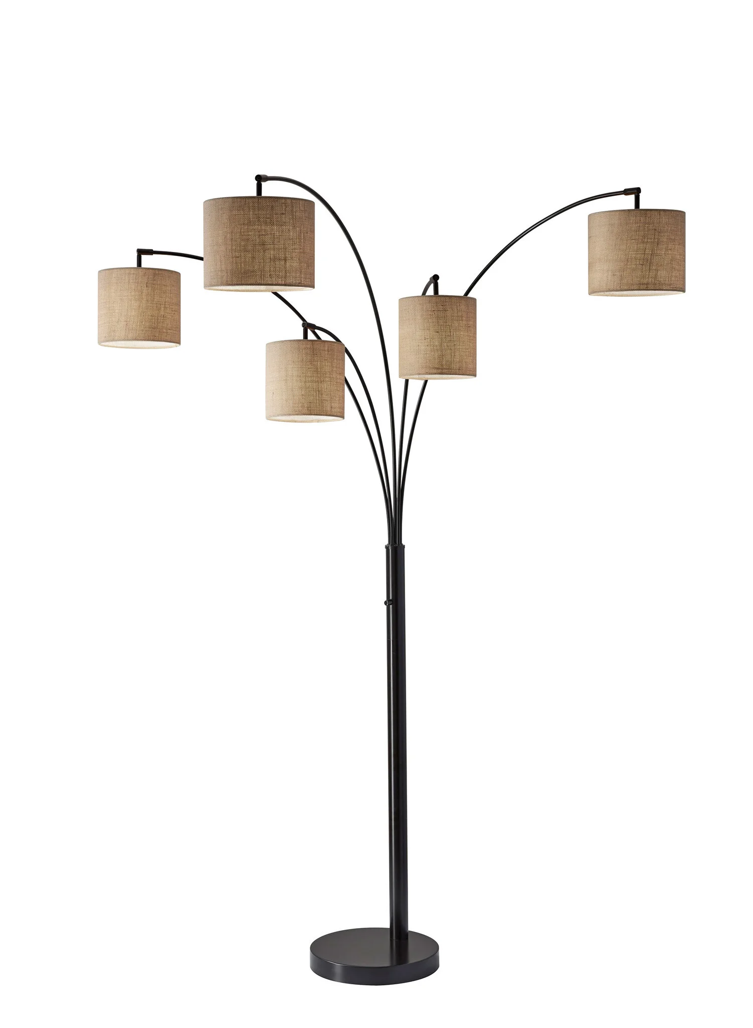 82" Steel Five Light Tree Floor Lamp With White Solid Color Drum Shade