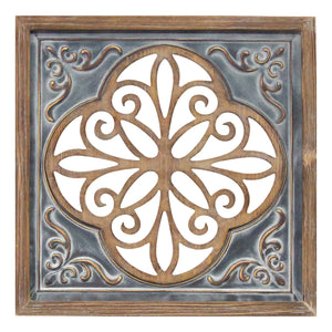 Distressed Blue Enamel Metal And Wood Framed Wall Art