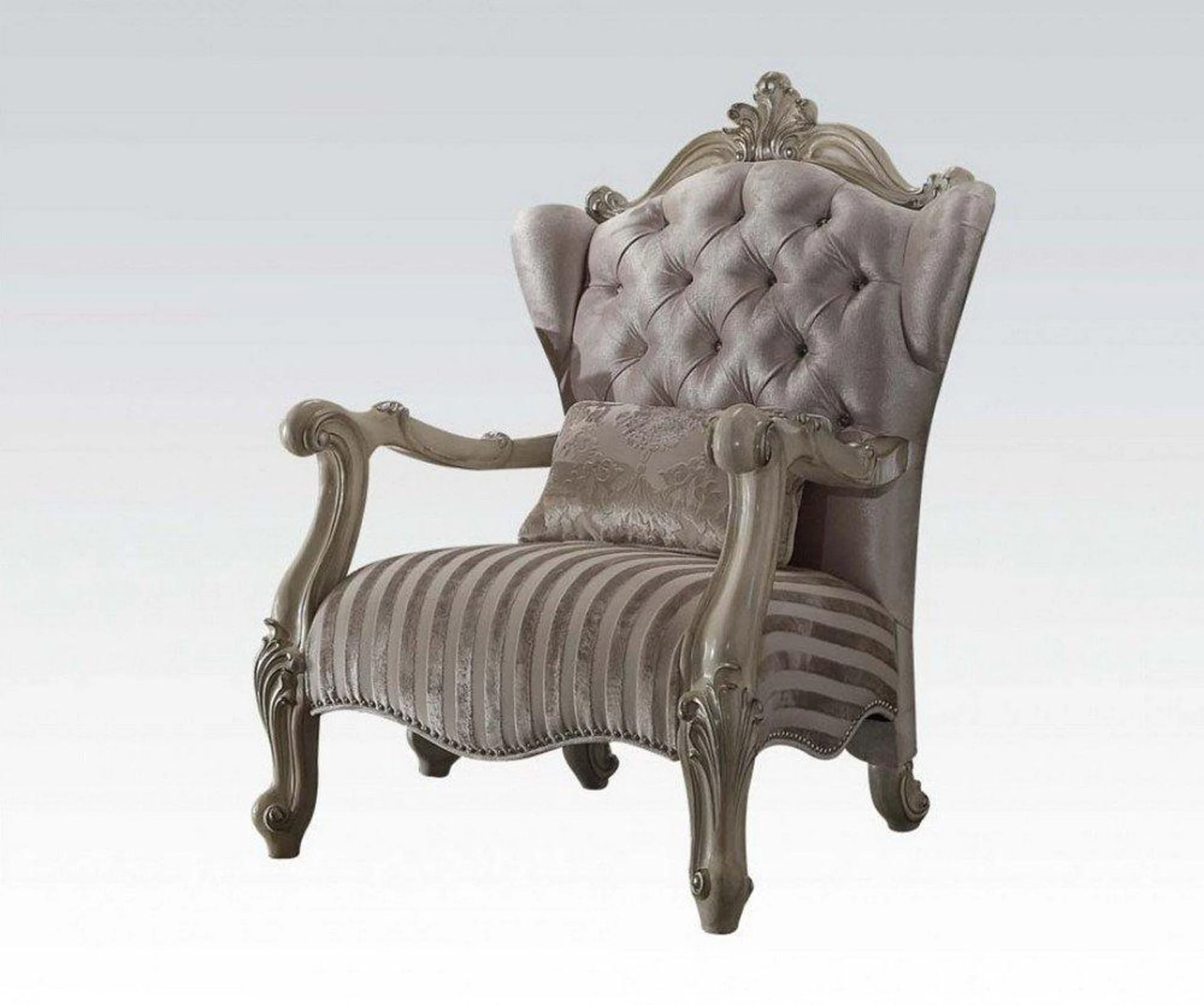 33" Ivory And Pearl Velvet Striped Tufted Chesterfield Chair