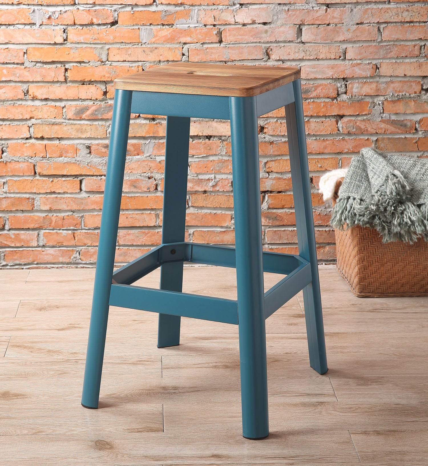 Contrast Teal And Natural Wood Bar Stool