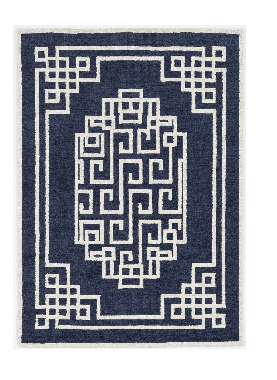 5'X7' Navy Blue Ivory Hand Tufted Bordered Greek Key Indoor Area Rug - 99fab 