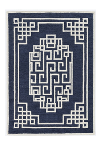 5'X7' Navy Blue Ivory Hand Tufted Bordered Greek Key Indoor Area Rug