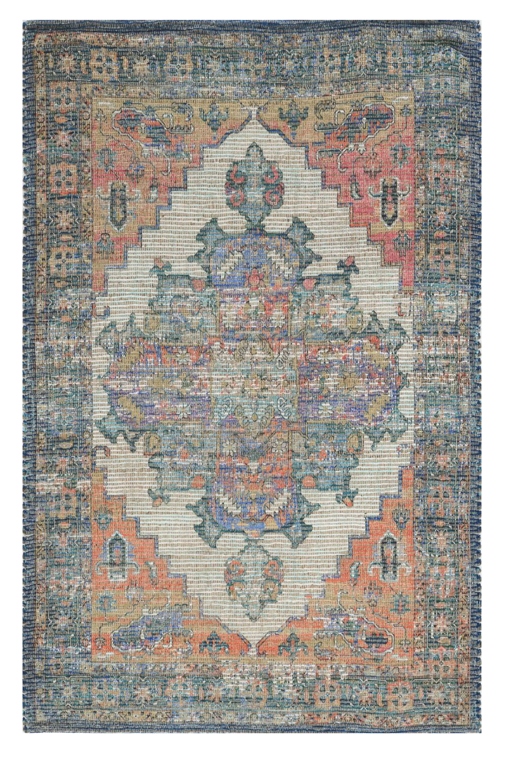 5'X7' Blue Rust Orange Hand Woven Diamond Medallion Indoor Area Rug