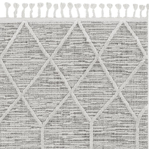 5'X8' Ivory Grey Machine Woven Abstract With Fringe Indoor Area Rug