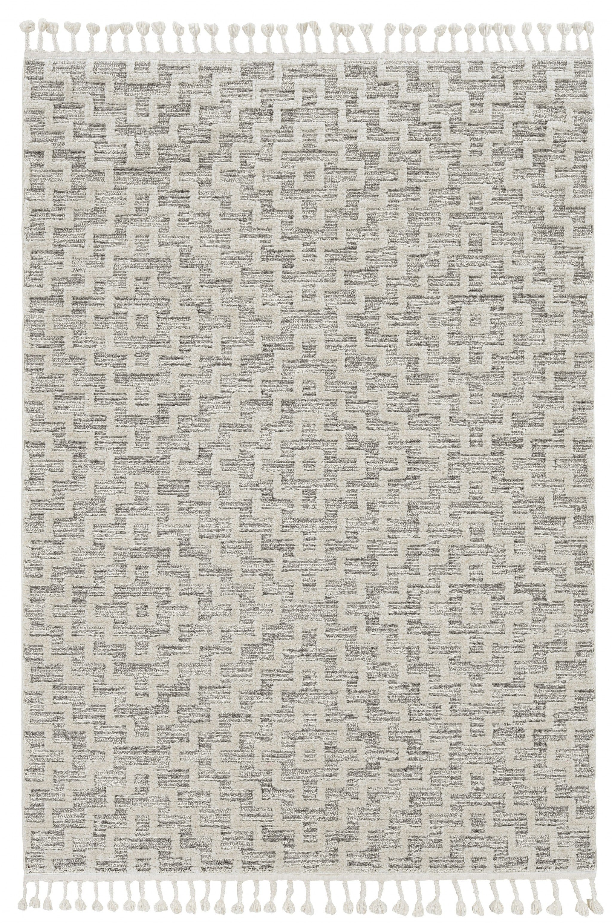 12'X15' Ivory Grey Machine Woven Diamond Pattern With Fringe Indoor Area Rug