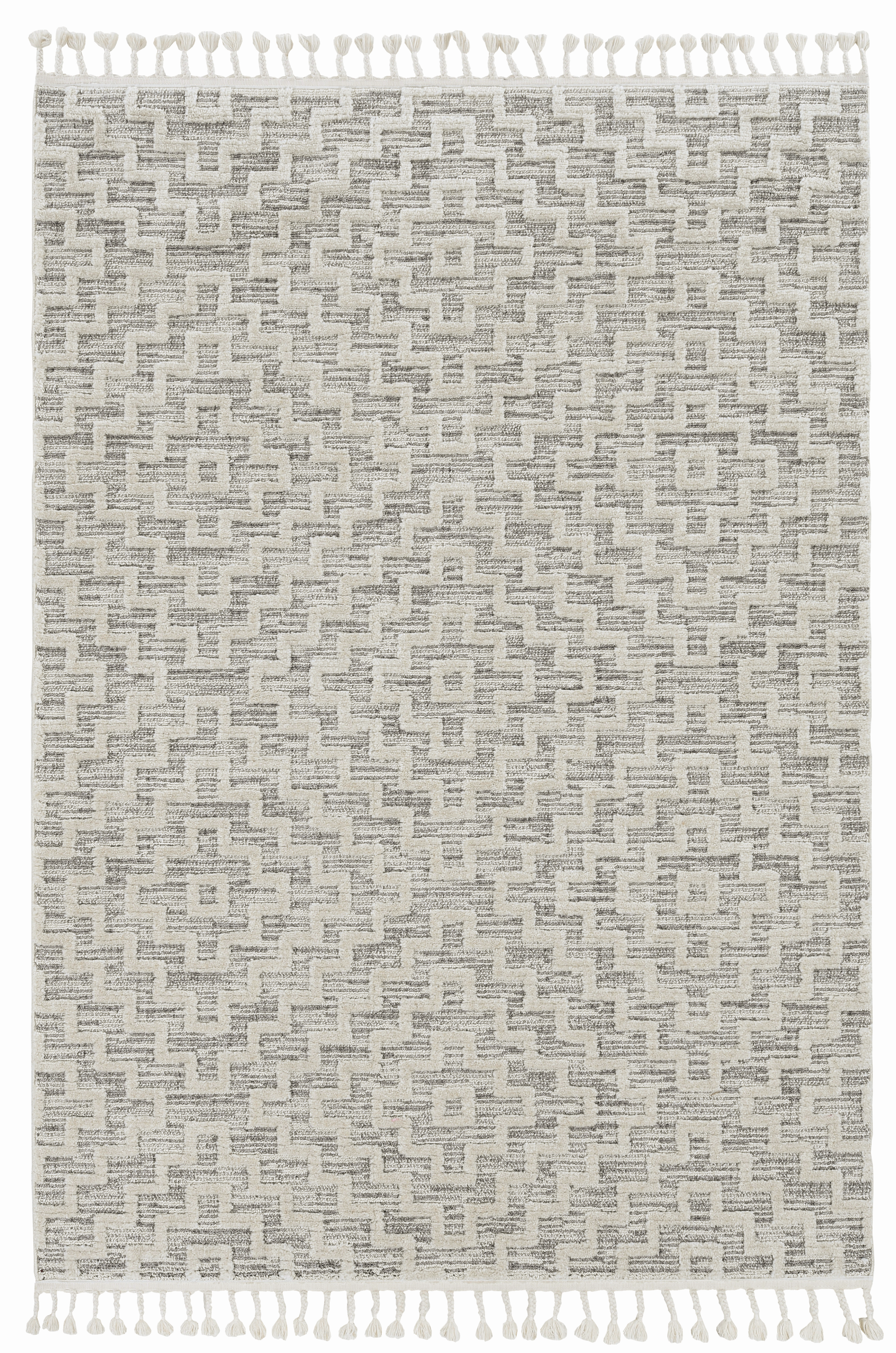 3' X 5' Ivory Grey Zigzag Diamonds Area Rug With Fringe