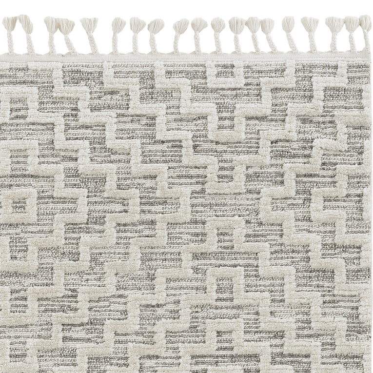 5'X8' Ivory Grey Machine Woven Geometric With Fringe Indoor Area Rug - 99fab 