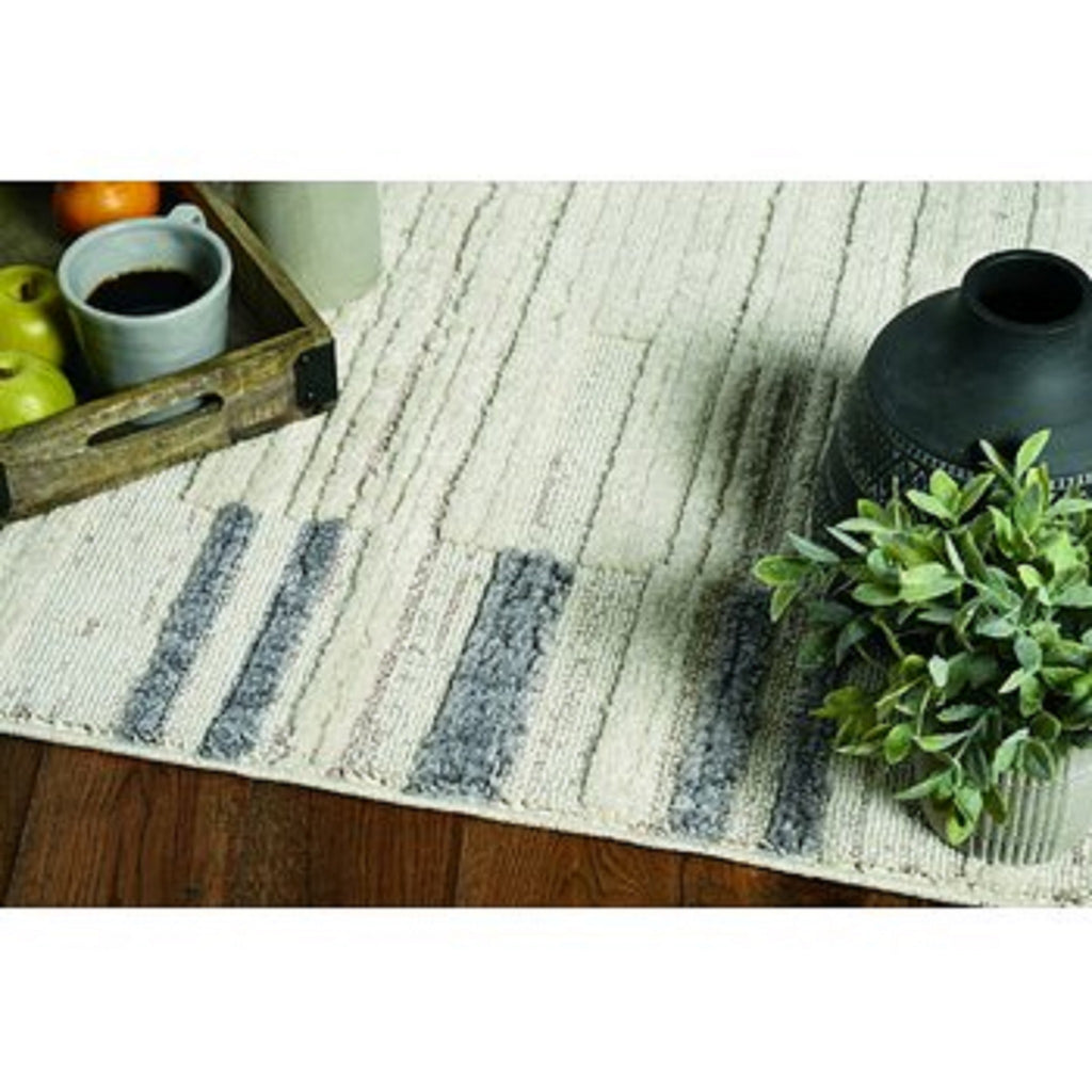 8' Ivory Grey Machine Woven Abstract Lines With Fringe Indoor Runner Rug - 99fab 