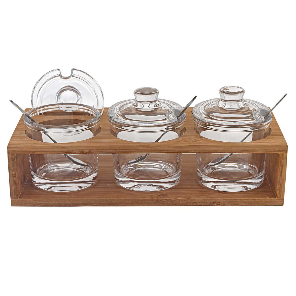 6 Mouth Blown Crystal Jam Set With 3 Glass Jars And Spoons On A Wood Stand - 99fab 