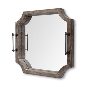 Rustic Antique Wash Finish Wood With Mirrored Glass Bottom And Metal Handle Tray