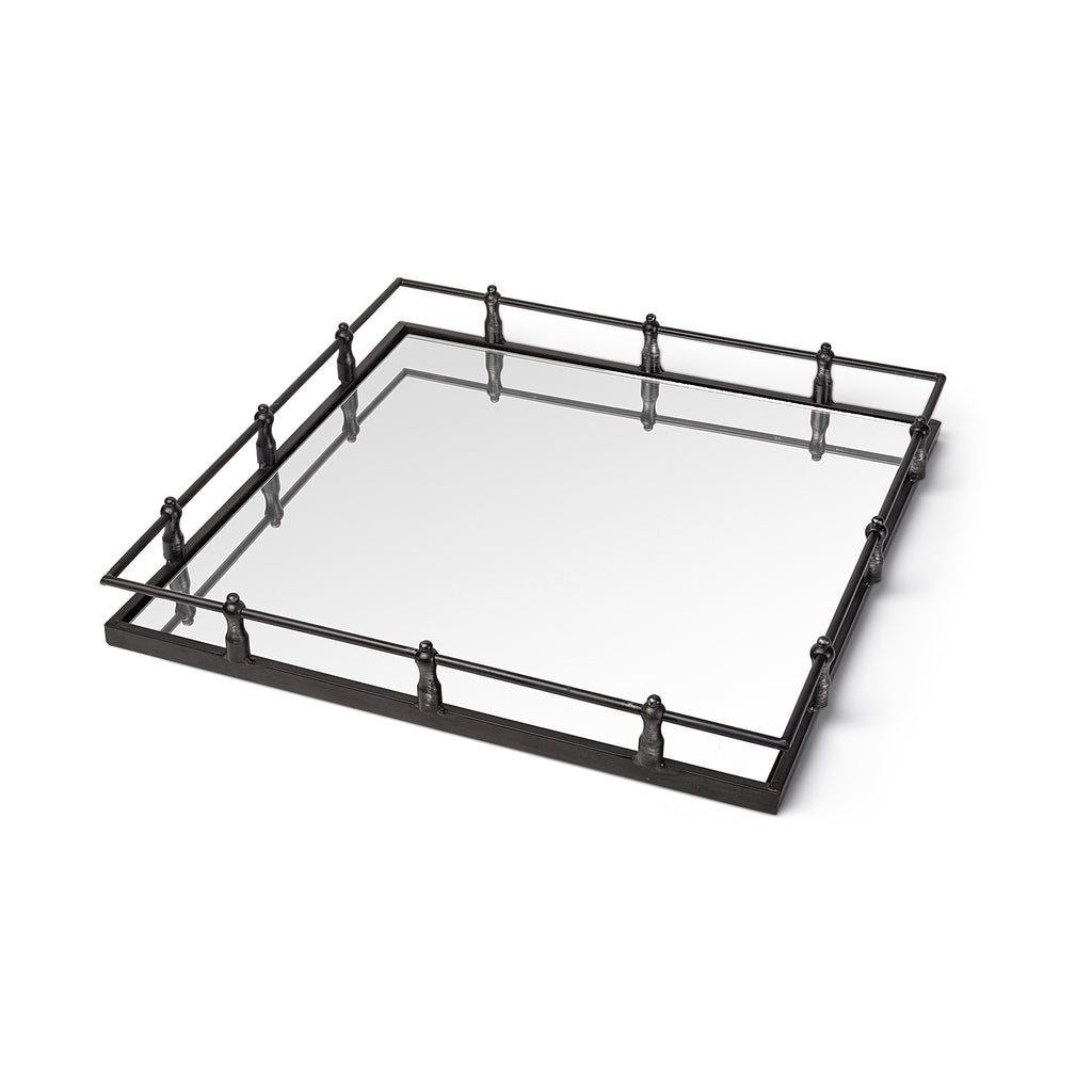 Natural Finish Metal With Mirrored Glass Bottom And Railing Handle Tray - 99fab 