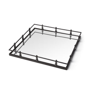 Natural Finish Metal With Mirrored Glass Bottom And Railing Handle Tray