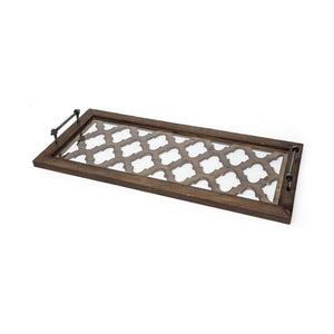 Medium Brown Wood With Metal Quatrefoil Pattern Glass Bottom Tray