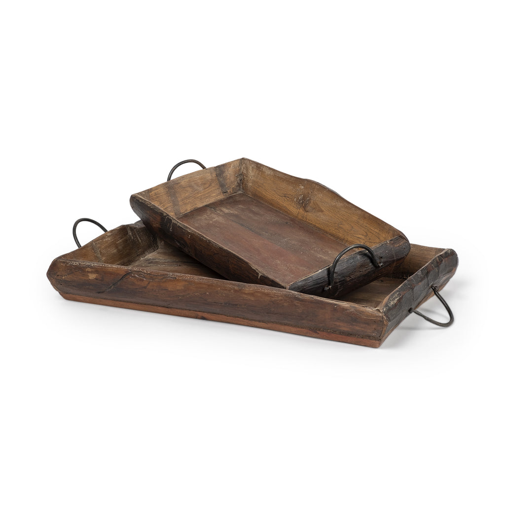 Set Of 2 Medium Brown Recycled Wood With Flaunt Metal Handles Trays - 99fab 