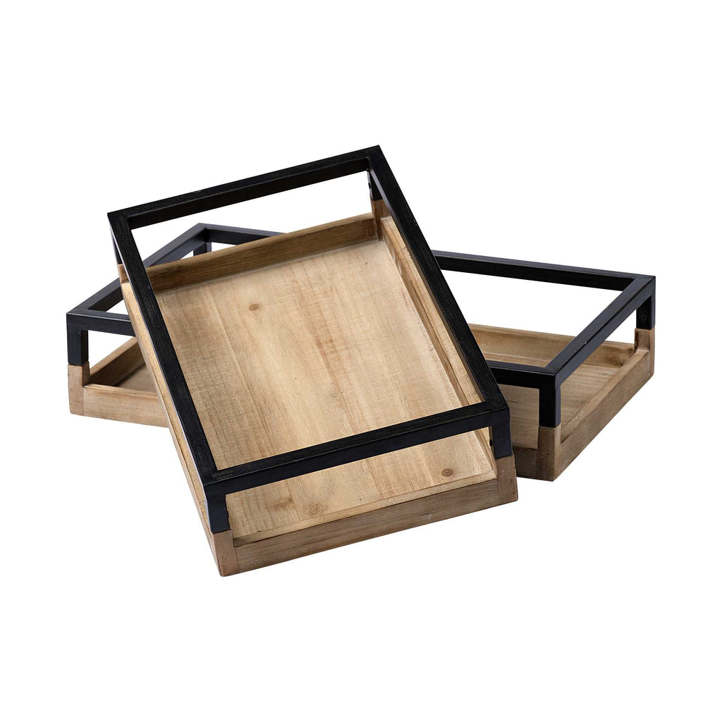 Set Of 2 Natural Finish With Black Nesting Wood Accent Trays - 99fab 