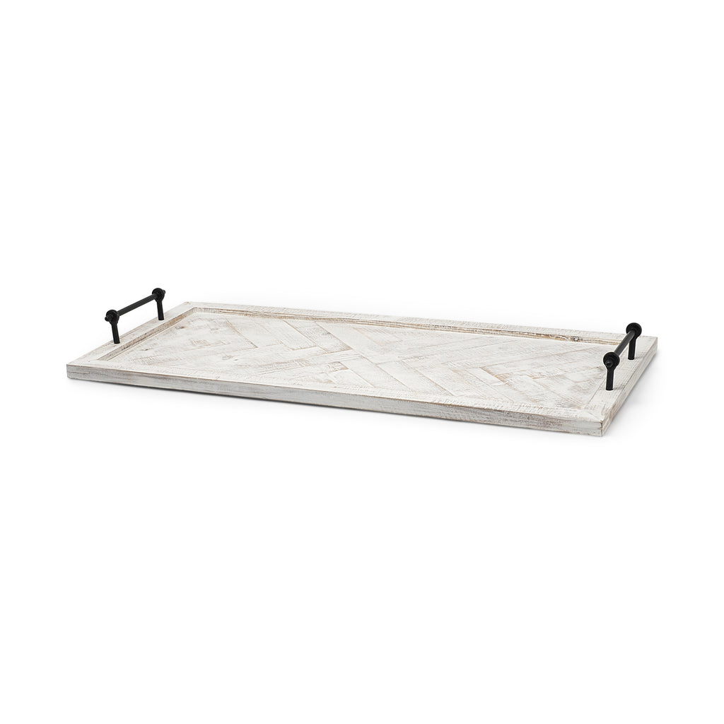 Whitewashed Tone Wood With Herringbone Pattern With Metal Raised Edges Tray - 99fab 