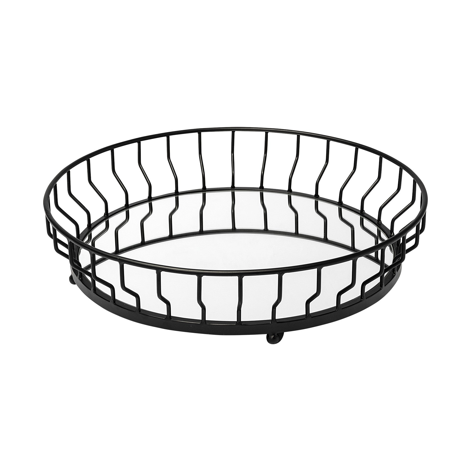 20" Matte Black Wavy Metal With Mirrored Glass Bottom Round Tray