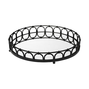 20" Matte Black Metal Half Circles And Mirrored Glass Round Tray