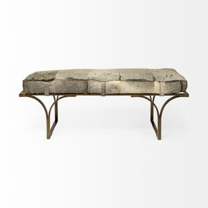 Rectangular Metal-Antique Brass W- Grey-Toned Hair-On-Leather Seat Accent Bench