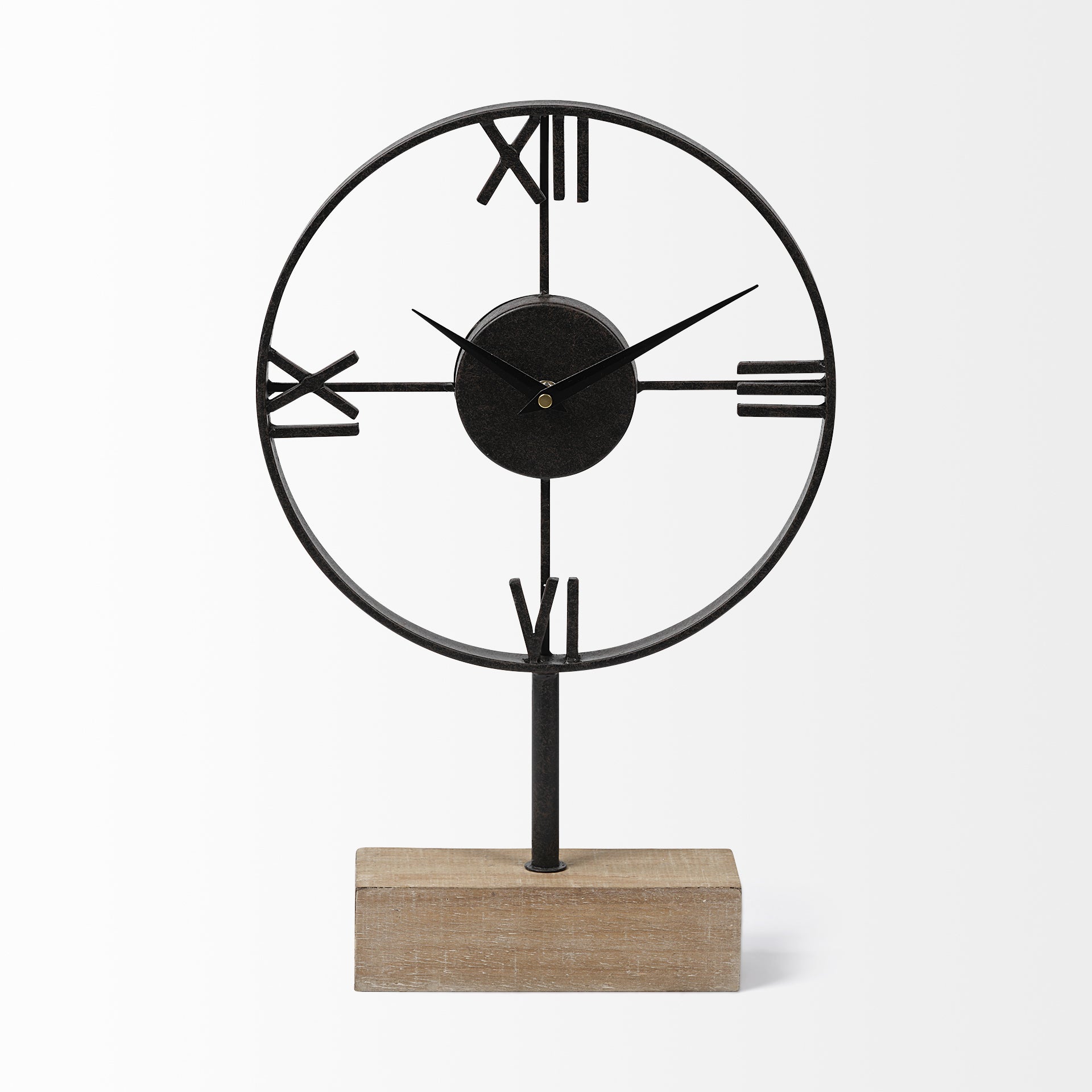 Black Metal Wood Desk  Table Clock With Open Metal Frame