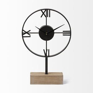 Black Metal Wood Desk  Table Clock With Open Metal Frame