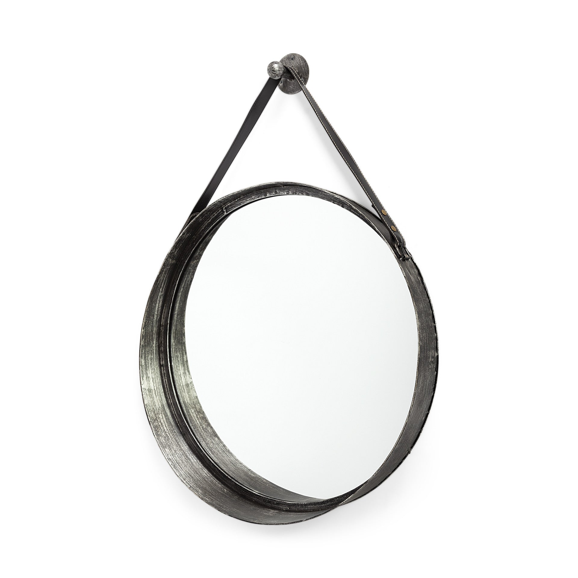 30" Round Black Metal Frame Wleather Strap Wall Mirror