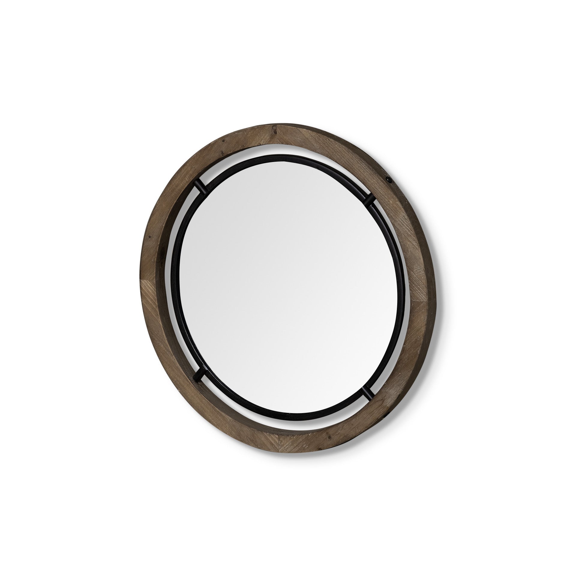 19" Brown Wood And Black Metal Frame Wall Mirror