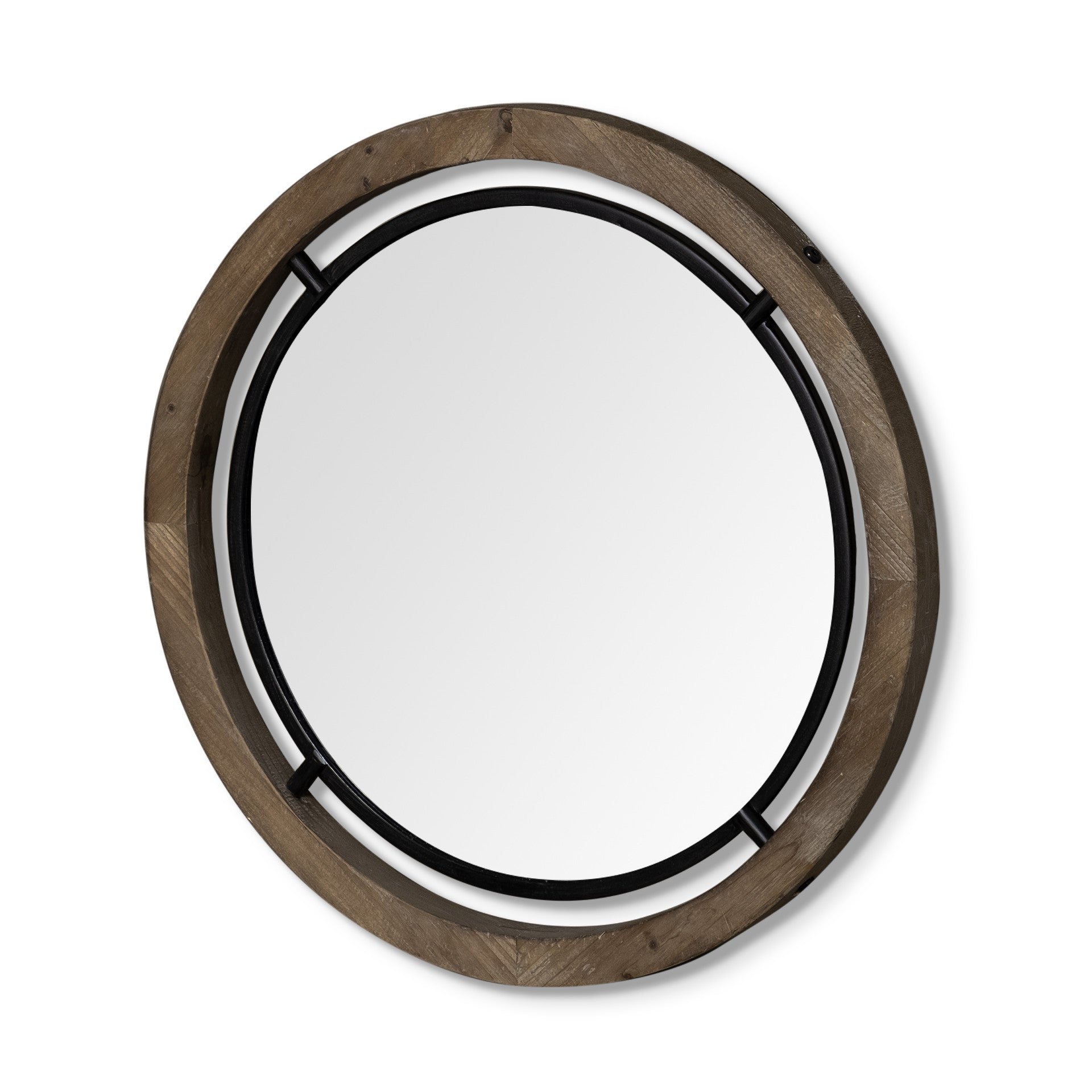 28" Brown Wood And Black Metal Double Frame Wall Mirror